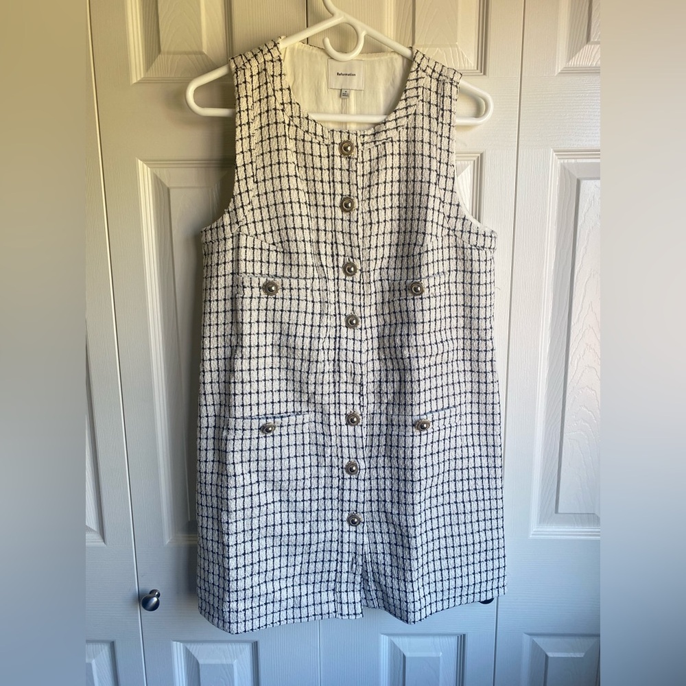 NEW Reformation Tropez Tweed Black White Gingham Button-Front Mini Dress - Picture 4 of 10